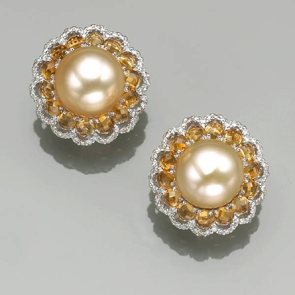 Appraisal: A pair of golden South Sea cultured pearl citrine diamond