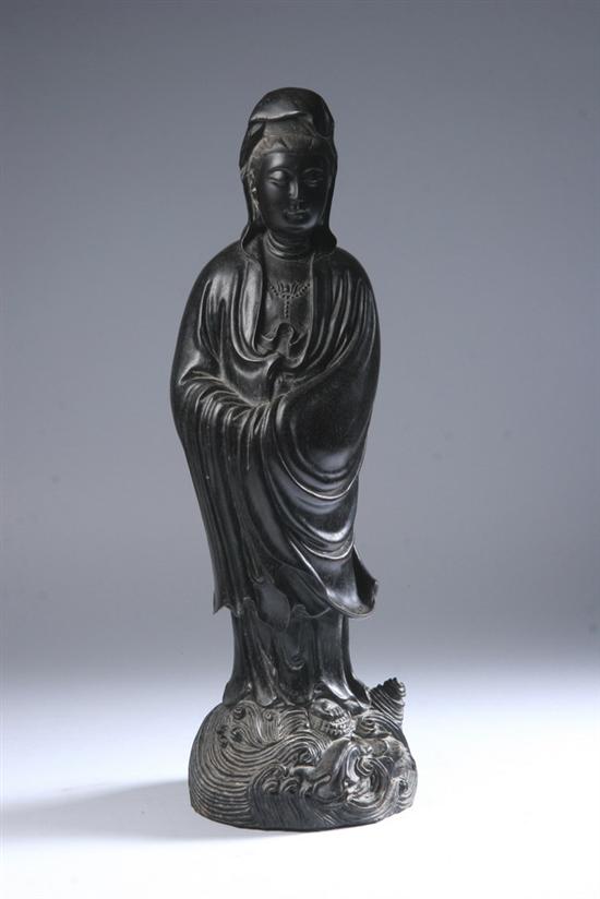 Appraisal: CHINESE ZITAN FIGURE OF GUANYIN With calligraphy on back wearing