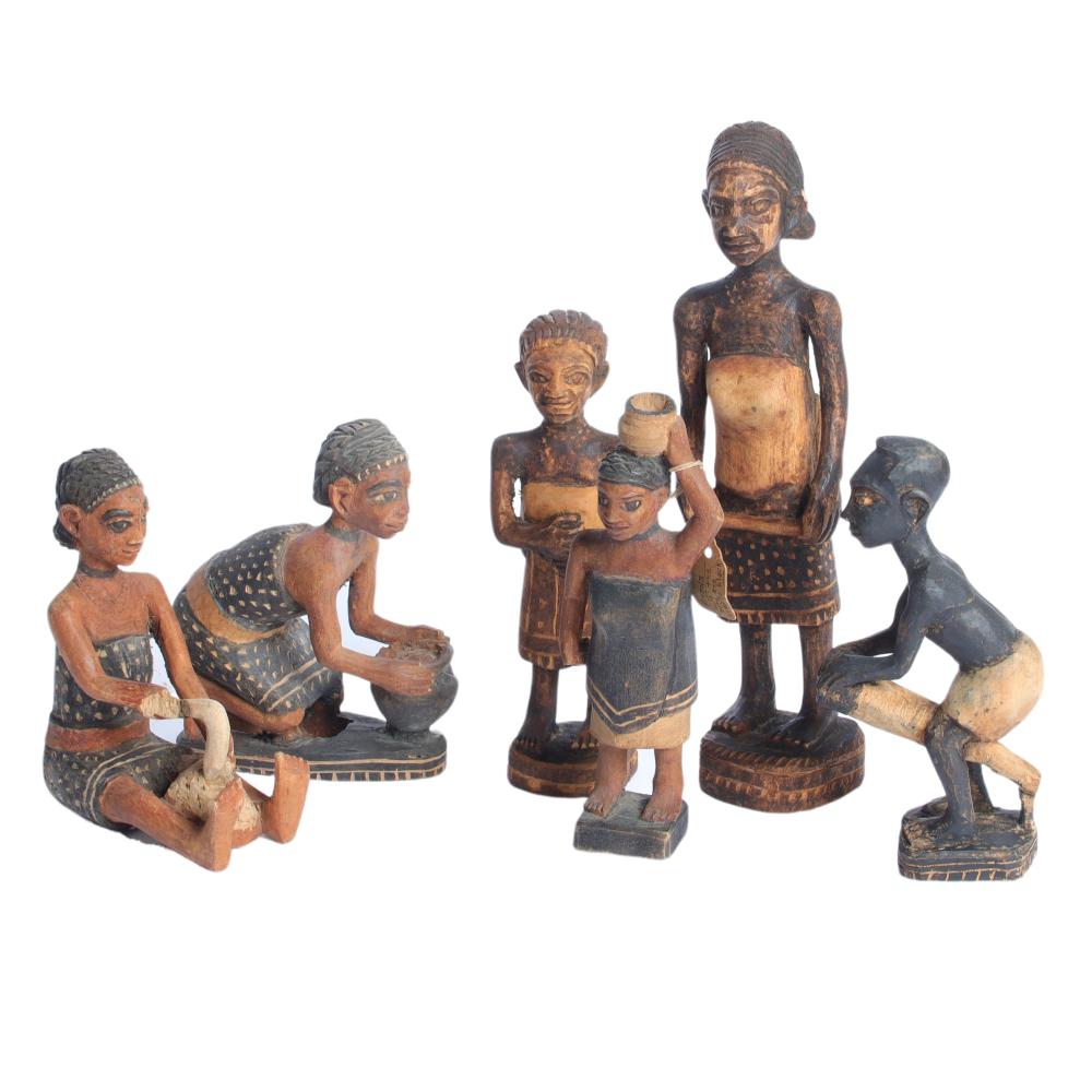 Appraisal: SIX AFRICAN CARVED AND PAINTED FOLK ART FIGURES SHOWING VILLAGE