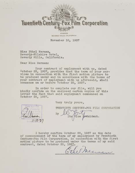 Appraisal: ETHEL MERMAN Group of typed letters signed by Merman acknowledging