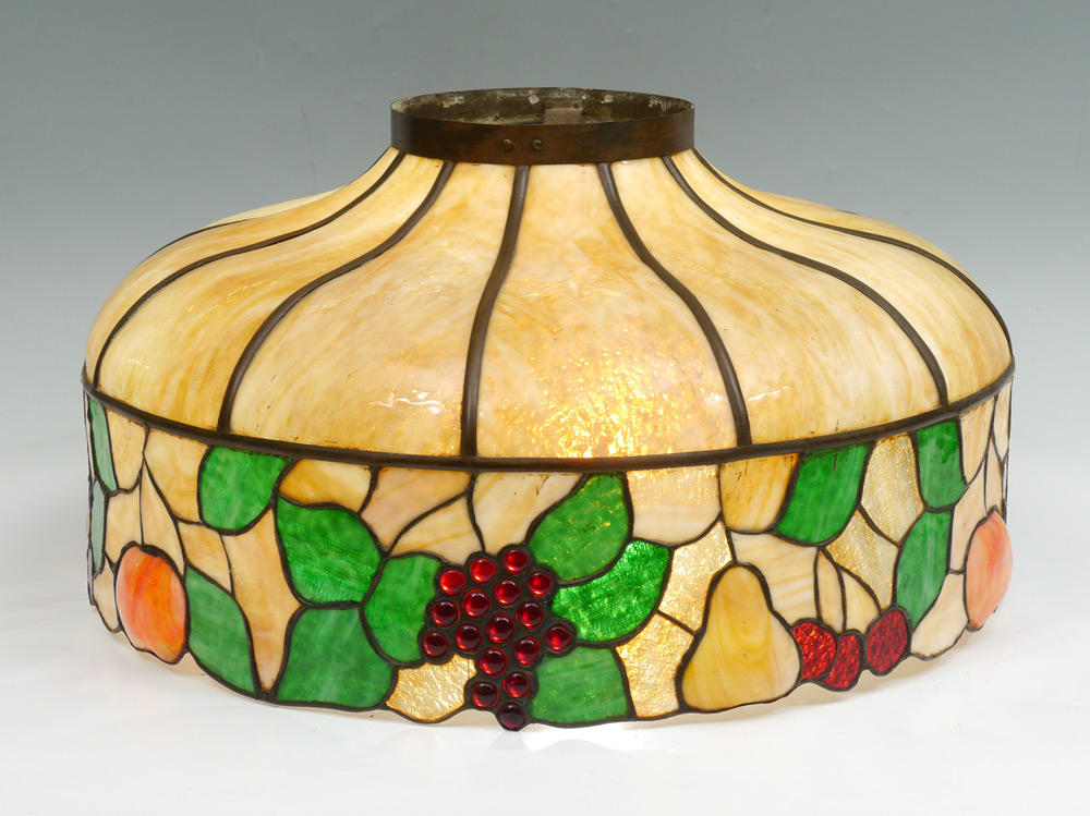 Appraisal: LEADED GLASS HANGING LAMP SHADE Caramel slag glass bent panels