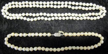 Appraisal: Two pearl necklacesOne featuring a sterling Rectangular foliate clasp pearls