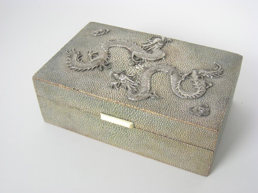 Appraisal: A shagreen Cigarette Box applied Chinese silver dragons to lid