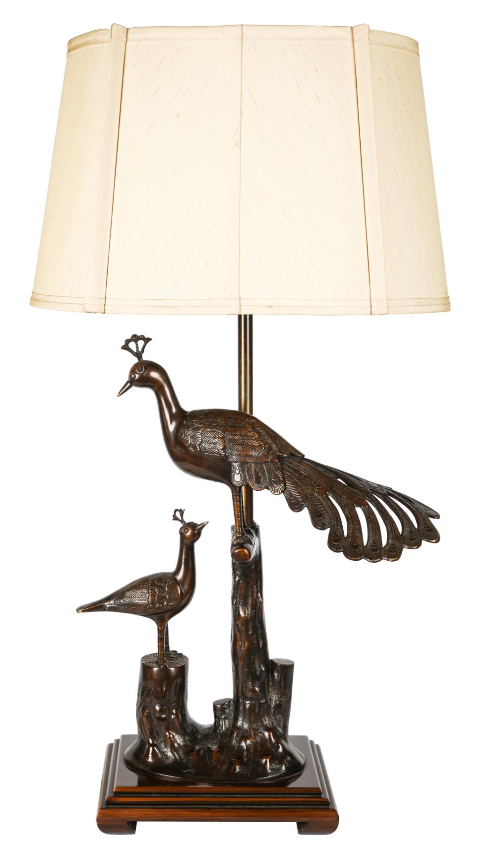 Appraisal: BRONZE BIRD LAMPunsigned with two sockets mounted to wooden base