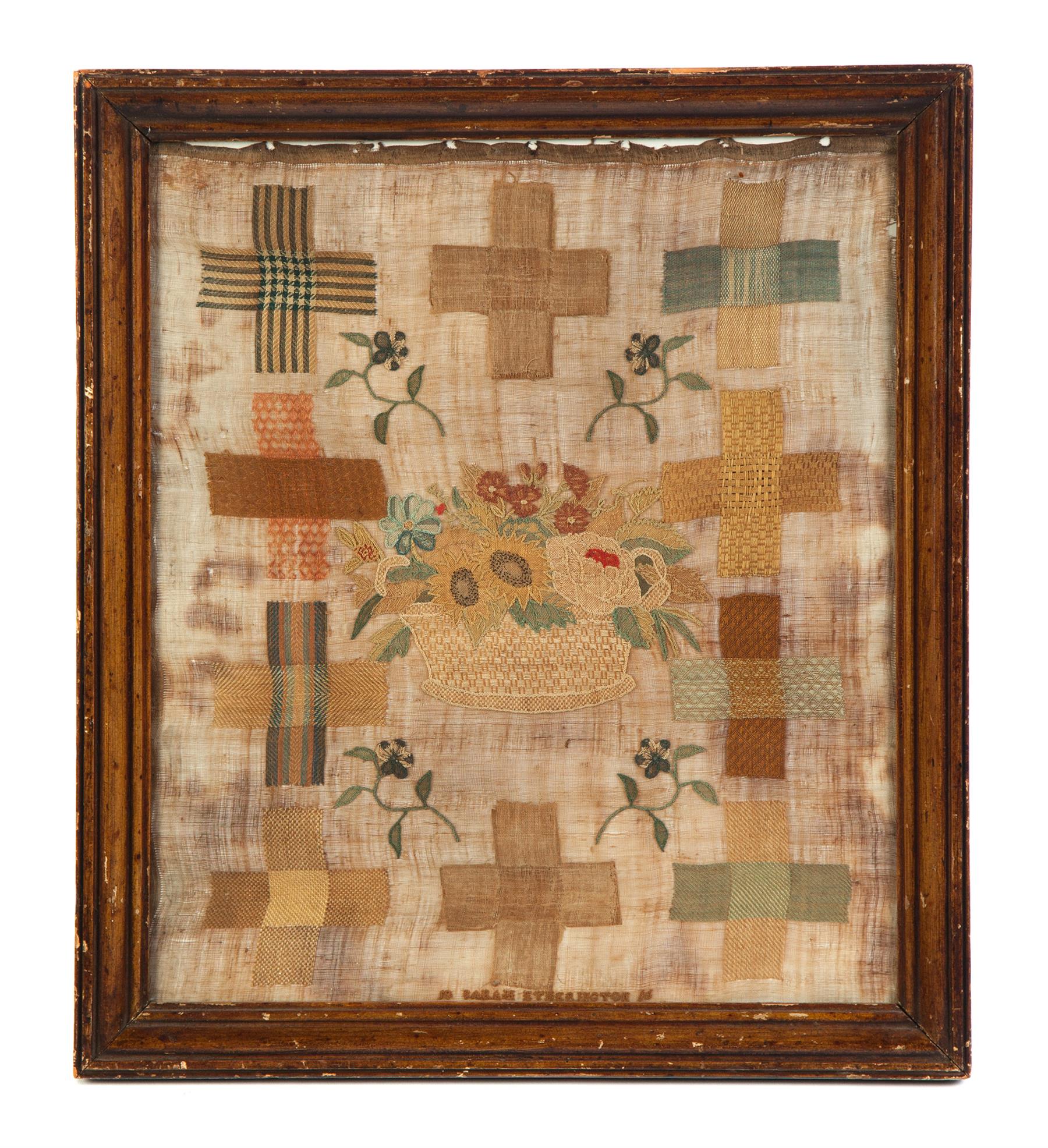 Appraisal: DARNING SAMPLER WITH FLORAL BASKET American or English dated silk