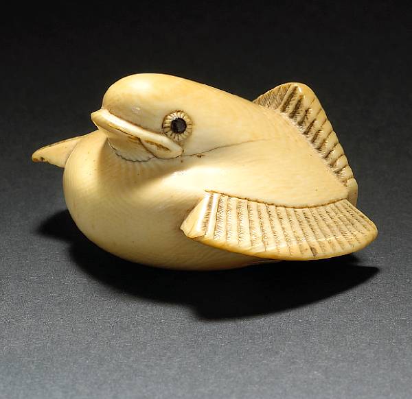 Appraisal: An ivory netsuke of a chidori plover By Genko Kyoto