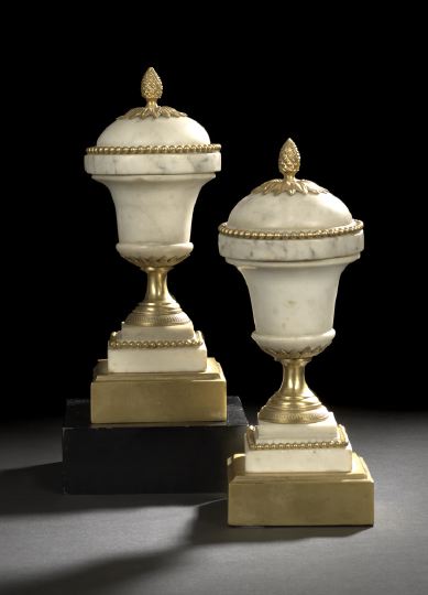 Appraisal: Pair of French Bronze- and Brass-Mounted Calcatta Marble Covered Garniture