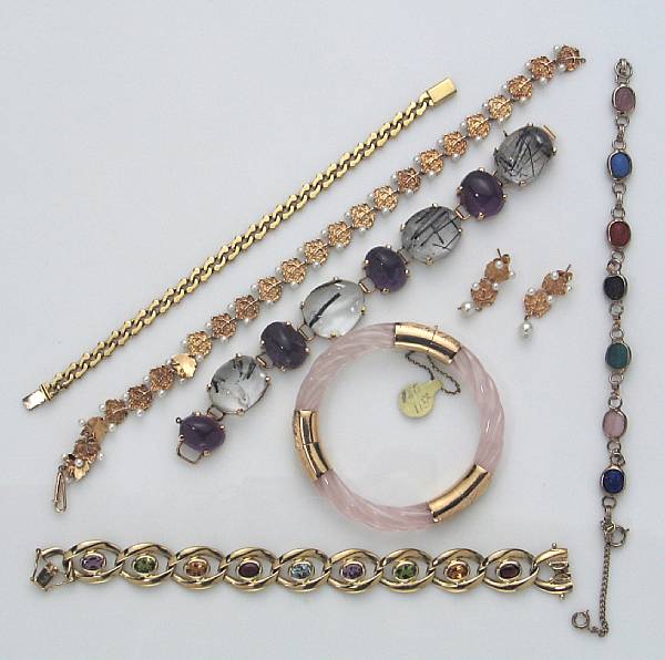 Appraisal: A collection of semi-precious gold and metal jewelry comprising five