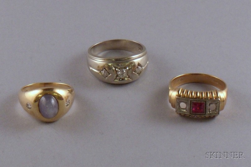 Appraisal: Three Man's Art Deco Gold and Gemstone Rings a kt