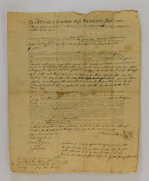 Appraisal: American Pre Revolutionary War Land Deed American Pre Revolutionary War