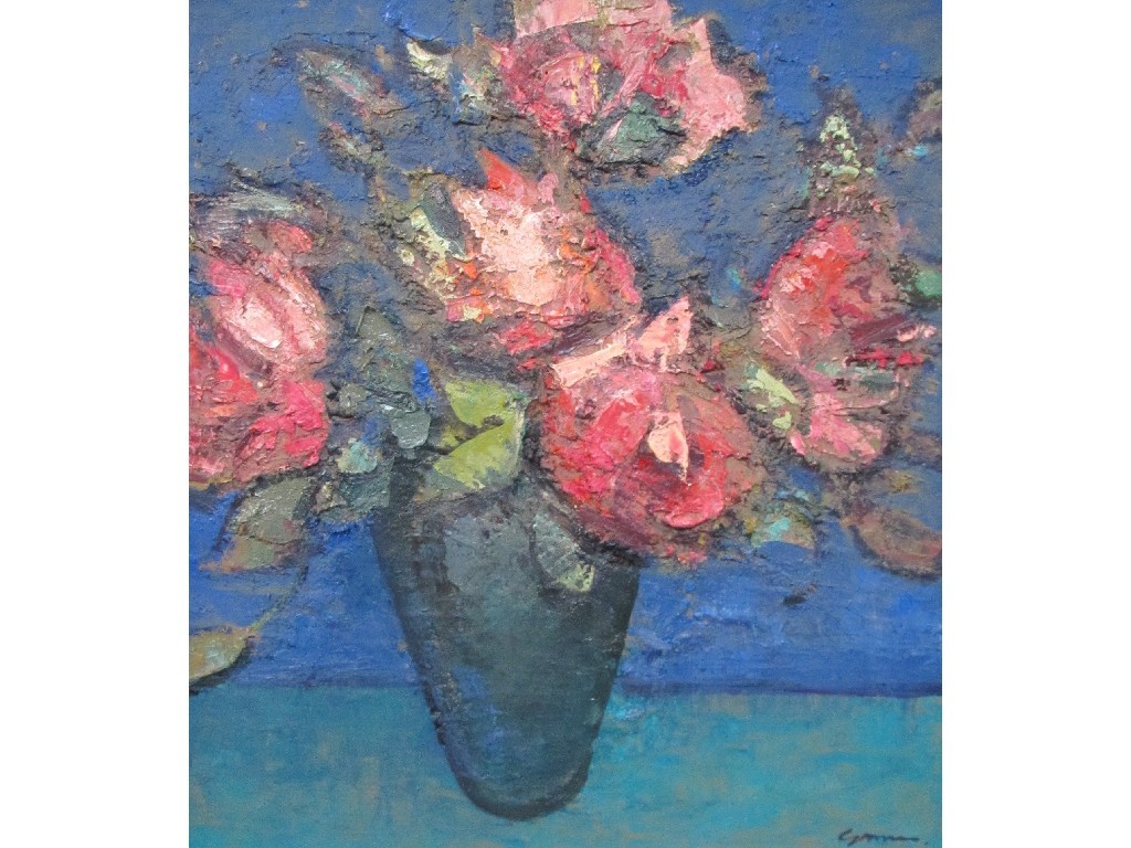 Appraisal: DES GORMAN b RED ROSES Oil on gesso signed and