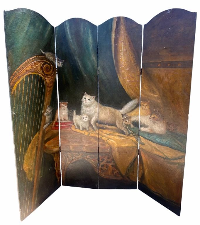 Appraisal: Four Panel Painted Screen Artist Unknown Cats Four Panel Painted