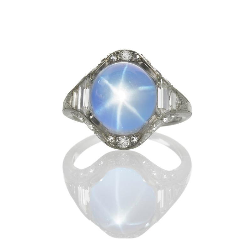 Appraisal: ART DECO STAR SAPPHIRE AND DIAMOND PLATINUM RING Translucent and