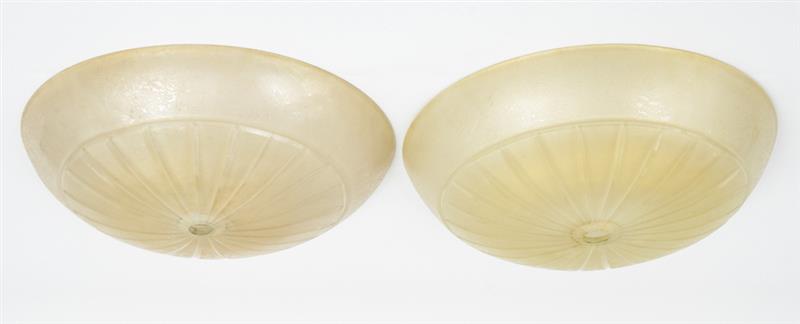 Appraisal: PAIR OF FRENCH ART DECO GLASS CEILING SHADES Each hemispherical