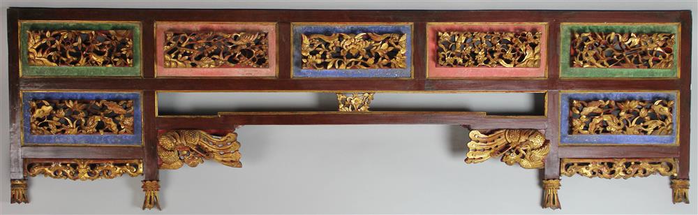 Appraisal: CHINESE GILTWOOD CARVED ARCHITECTURAL ELEMENT with small panels mounted with