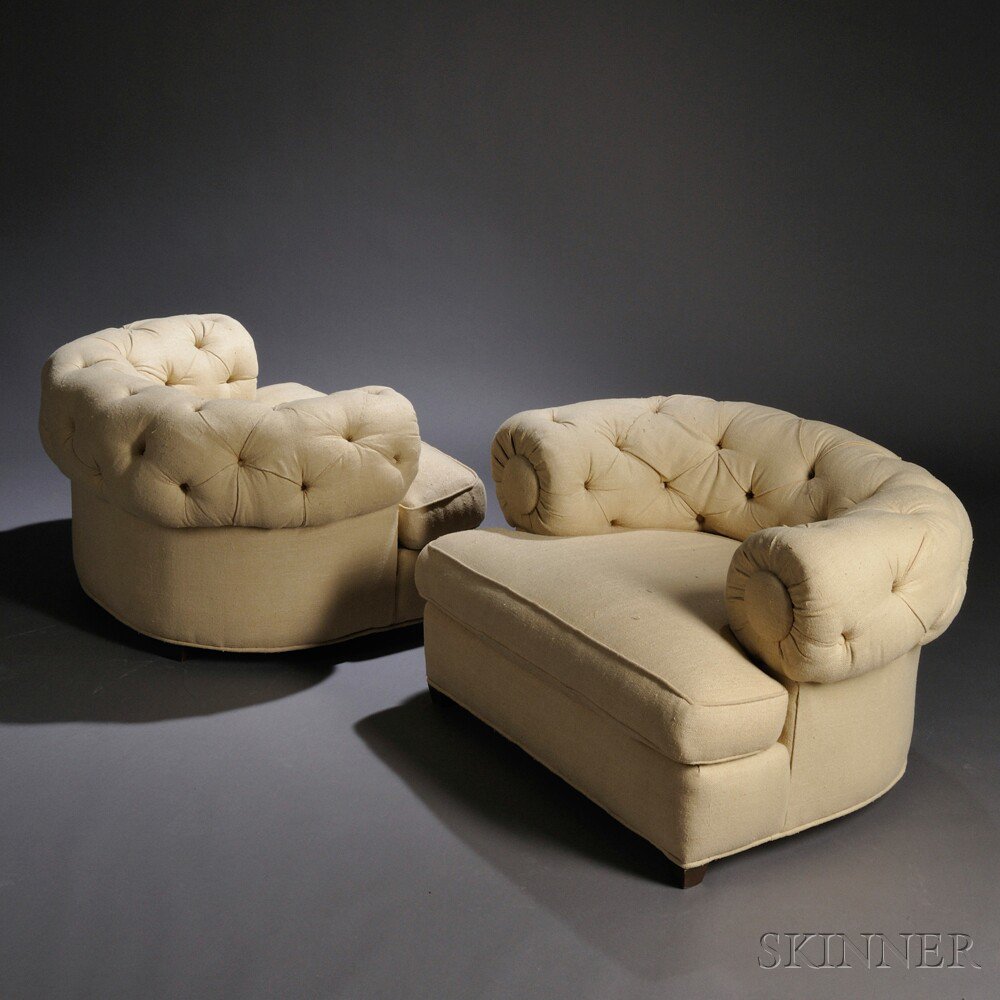 Appraisal: Pair of Art Deco-style Barrel-back Lounge Chairs Raw silk down