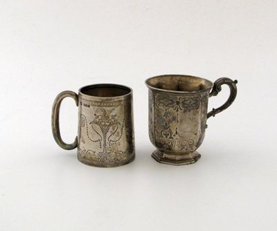 Appraisal: Two christening mugs an Victorian octagonal example with engraved decoration