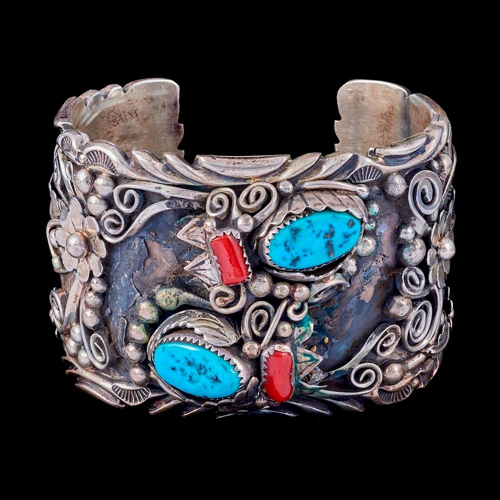 Appraisal: NAVAJO CUFF BRACELET An old pawn turquoise coral and sterling