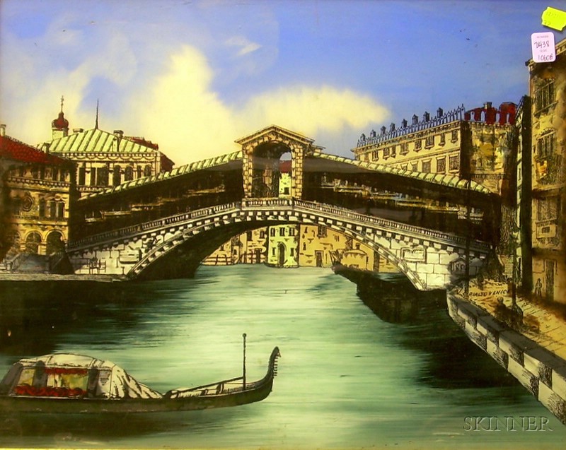 Appraisal: Framed Reverse Glass Painted View of the Rialto Bridge Venice