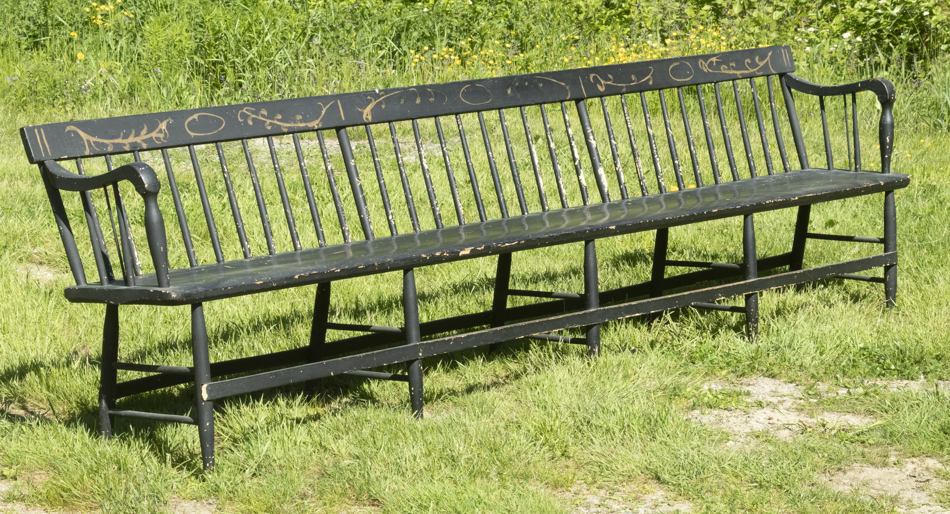 Appraisal: PAINTED DEACONS BENCH th c Black Painted Windsor Rod-Back Bench