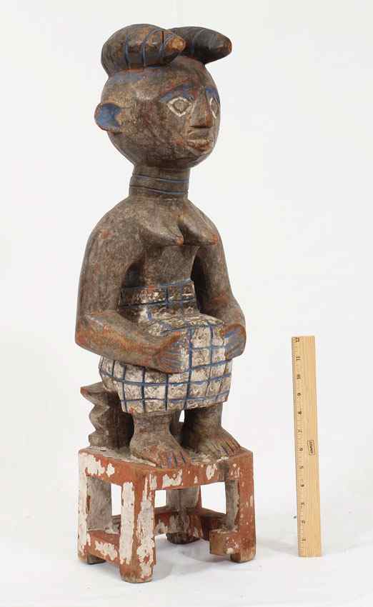 Appraisal: CARVED PAINTED AFRICAN FANTE SEATED FIGURE GHANA '' x ''