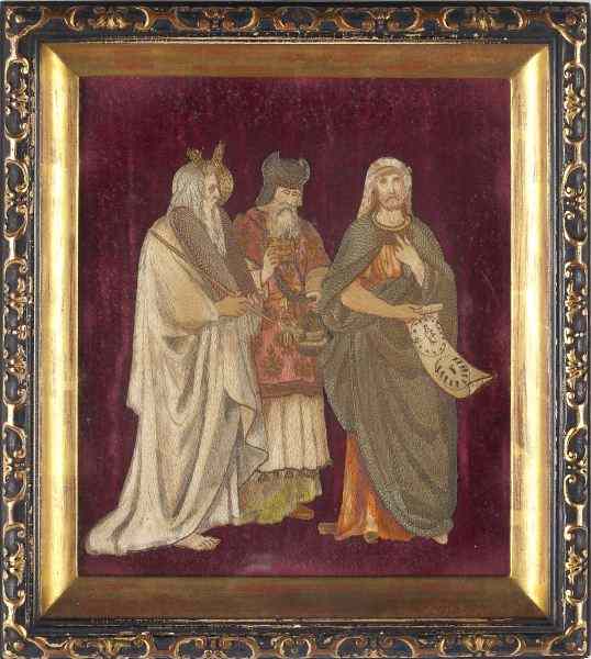 Appraisal: Italian Embroidery of Three Apostles th century antique red silk