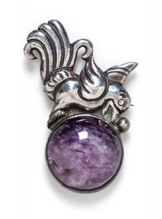 Appraisal: A Sterling Silver and Amethyst Mythical Bird Motif Brooch William