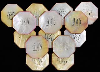 Appraisal: Set of Octagonal Mother of Pearl Gambling Chips Circa Initialed