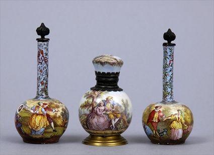 Appraisal: VIENNESE ENAMEL SPHERICAL SCENT BOTTLE AND A PAIR OF BOTTLES