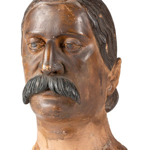 Appraisal: A Carved and Painted Wood Head of a Mustachioed Man