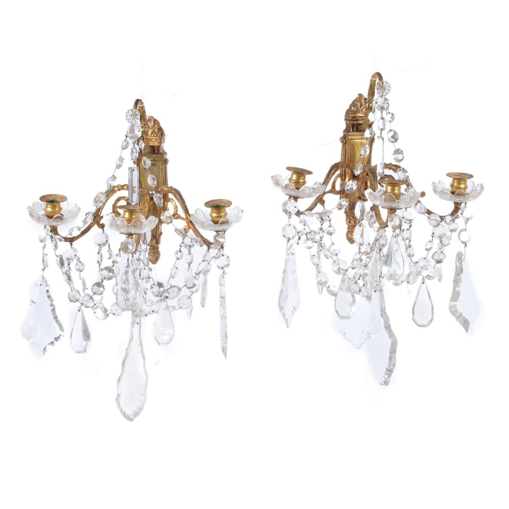 Appraisal: PAIR FRENCH LIGHT BRASS AND CRYSTAL PRISM CANDLE SCONCES H