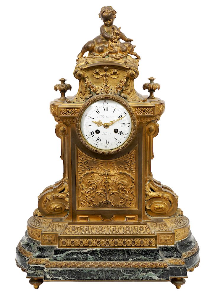 Appraisal: th Ct French Bronze Mounted Green Marble Mantle Clock French