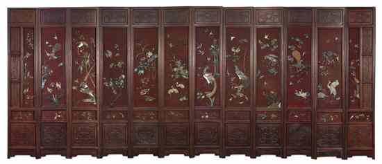 Appraisal: A Fine Chinese Twelve-Panel Carved Hardstone Cinnabar Lacquer and Hardwood