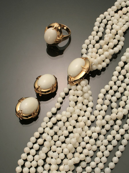 Appraisal: -Karat Yellow-Gold and White Coral Four-Piece Ensemble Consisting of a