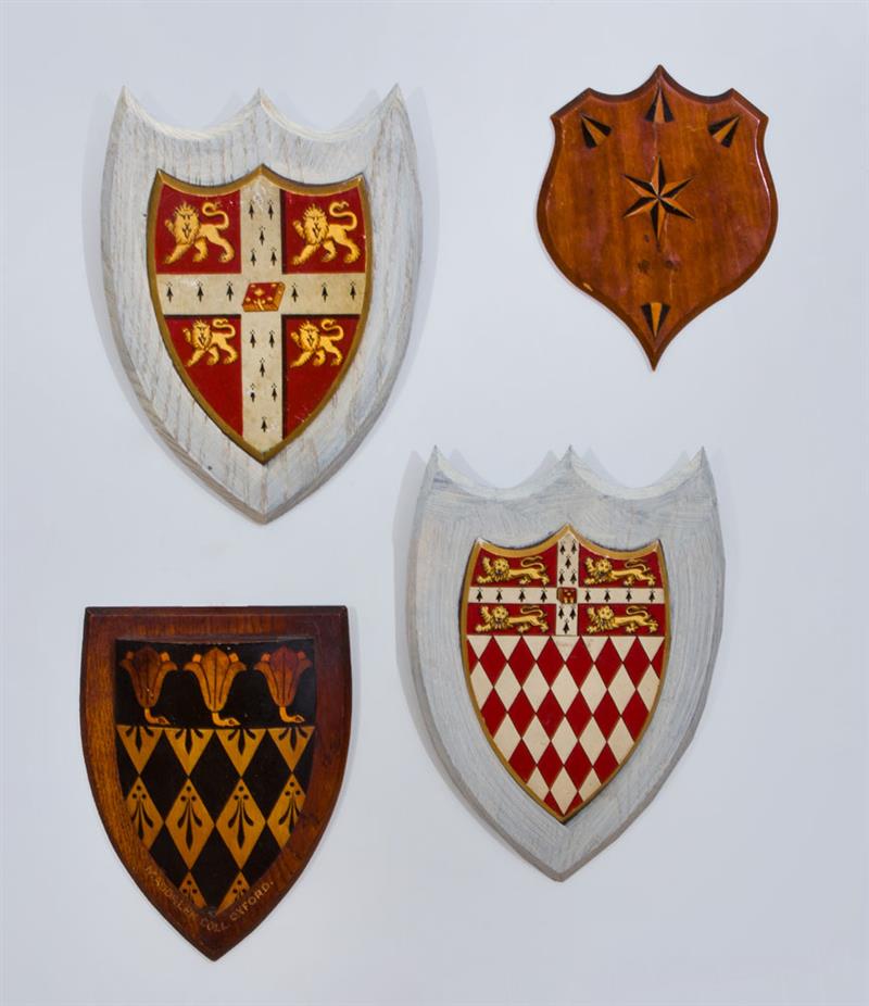 Appraisal: Group of Five Continental Painted Wood Shield-Form Armorial Plaques Largest