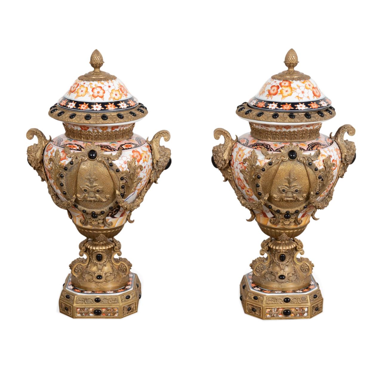 Appraisal: PR LOUIS XVI STYLE GILT METAL MOUNTED IMARI URNS Pair