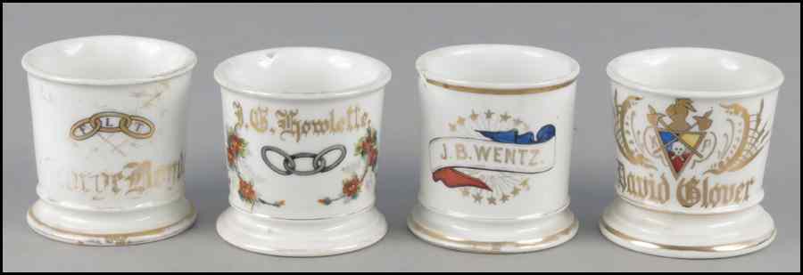 Appraisal: TWO ODD FELLOWS SHAVING MUGS Depicting interlocking FLT rings Together