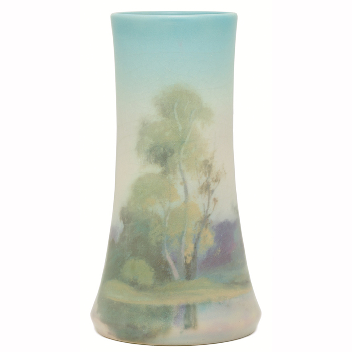 Appraisal: Rookwood vase Vellum glaze with a nicely painted landscape executed