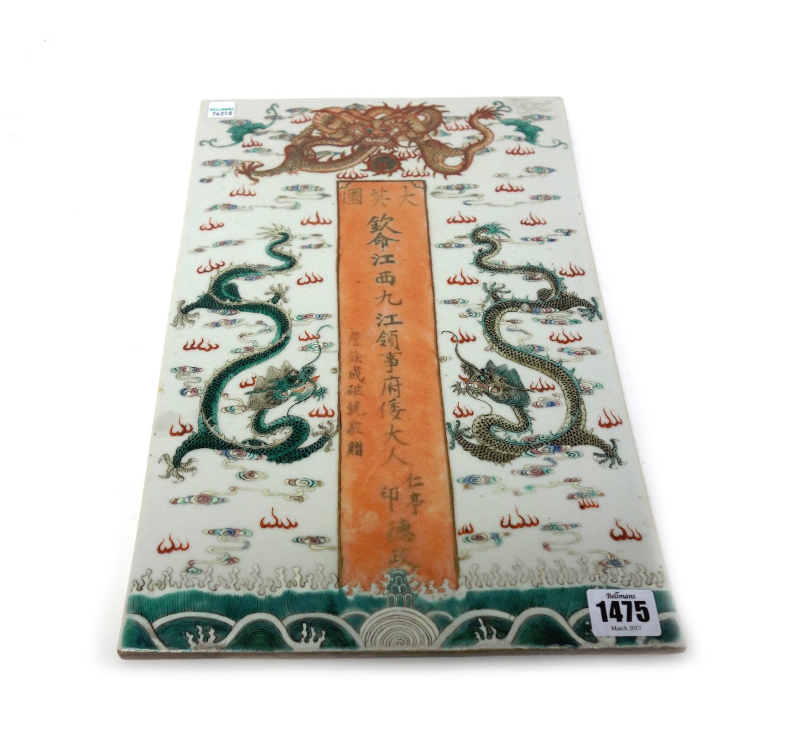 Appraisal: A Chinese polychrome porcelain rectangular plaque Guangxu painted with three