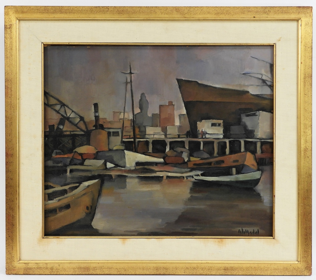 Appraisal: WALTER NADAL O C MODERNIST URBAN HARBOR PAINTING Uruguay b