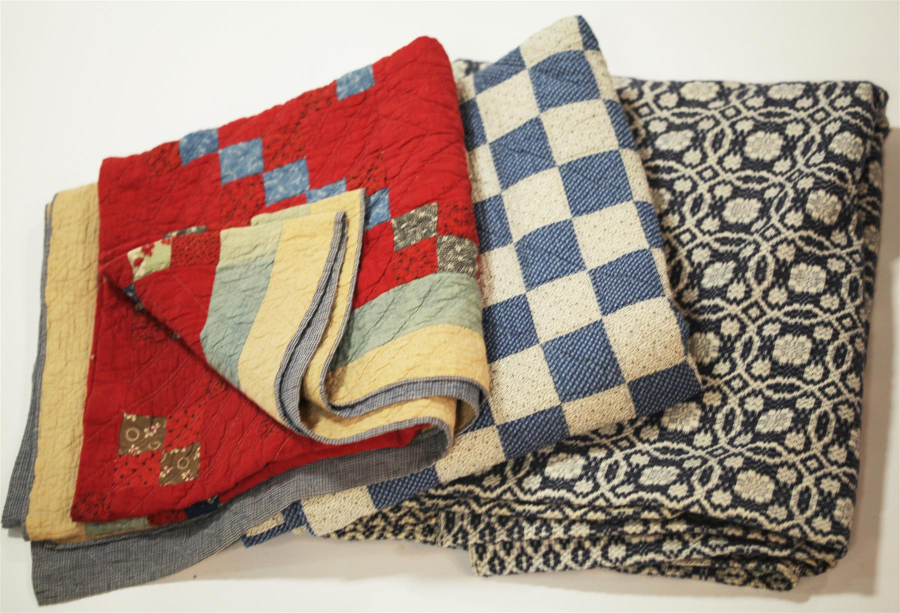 Appraisal: TWO PIECED COTTON QUILTS AND OVERSHOT COVERLET American Two late