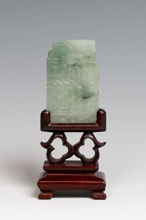 Appraisal: CHINESE JADEITE PLAQUE WITH STAND of rectangular form the stone