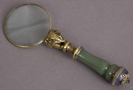 Appraisal: RUSSIAN SILVER GILT-MOUNTED NEPHRITE MAGNIFYING GLASS Impressed marks and the