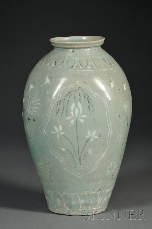 Appraisal: Celadon Storage Jar Korea late th century oviform with flattened