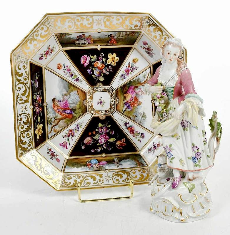 Appraisal: Continental Porcelain Tray and Figurine Meissen th century octagonal tray