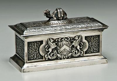 Appraisal: English silver box rectangular with camel finial possibly lacking chain