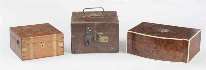 Appraisal: THREE ENGLISH BOXES Comprising a burr walnut box of bowed