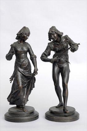 Appraisal: GAUDEZ TROUBADOR AND MAIDEN Pair of bronzes each with impressed