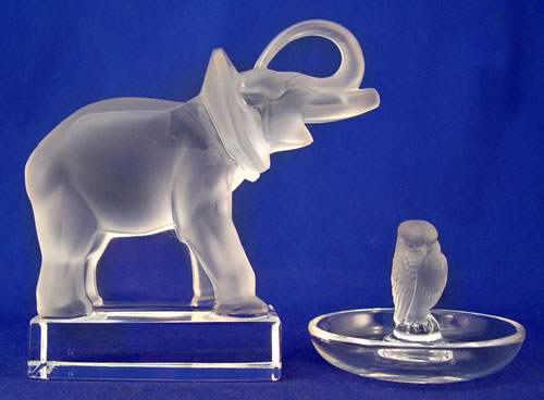 Appraisal: LALIQUE ELEPHANT OWL RING TRAY pieces both signed Lalique France