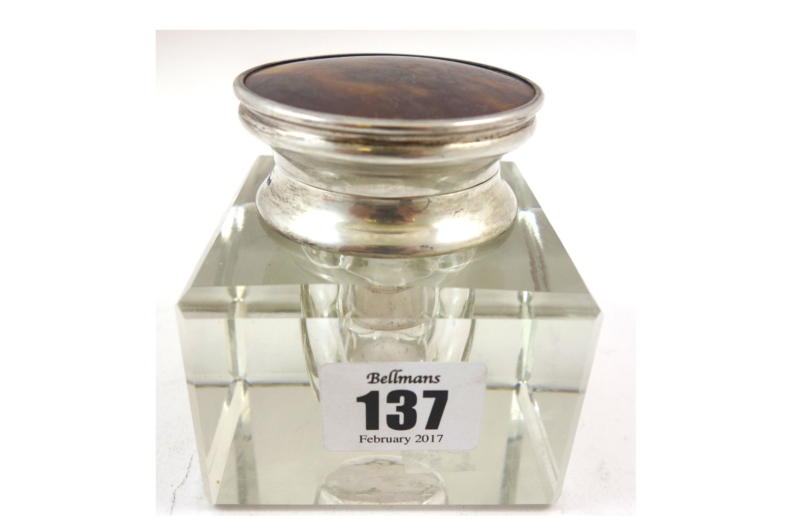 Appraisal: A George V silver mounted square block glass inkwell Asprey